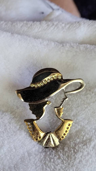 Gold & Silver Pretty Girl Profile Pin Floppy Hat  Eclectic Eighties..!!