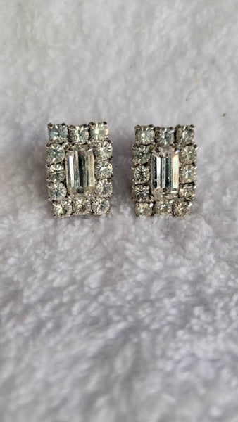 Rhinestone Earrings Fabulous  Fifties Classic Emerald Cut Clear Rhinestones Beautiful