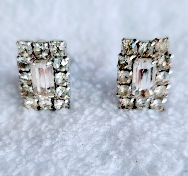 Rhinestone Earrings Fabulous  Fifties Classic Emerald Cut Clear Rhinestones Beautiful