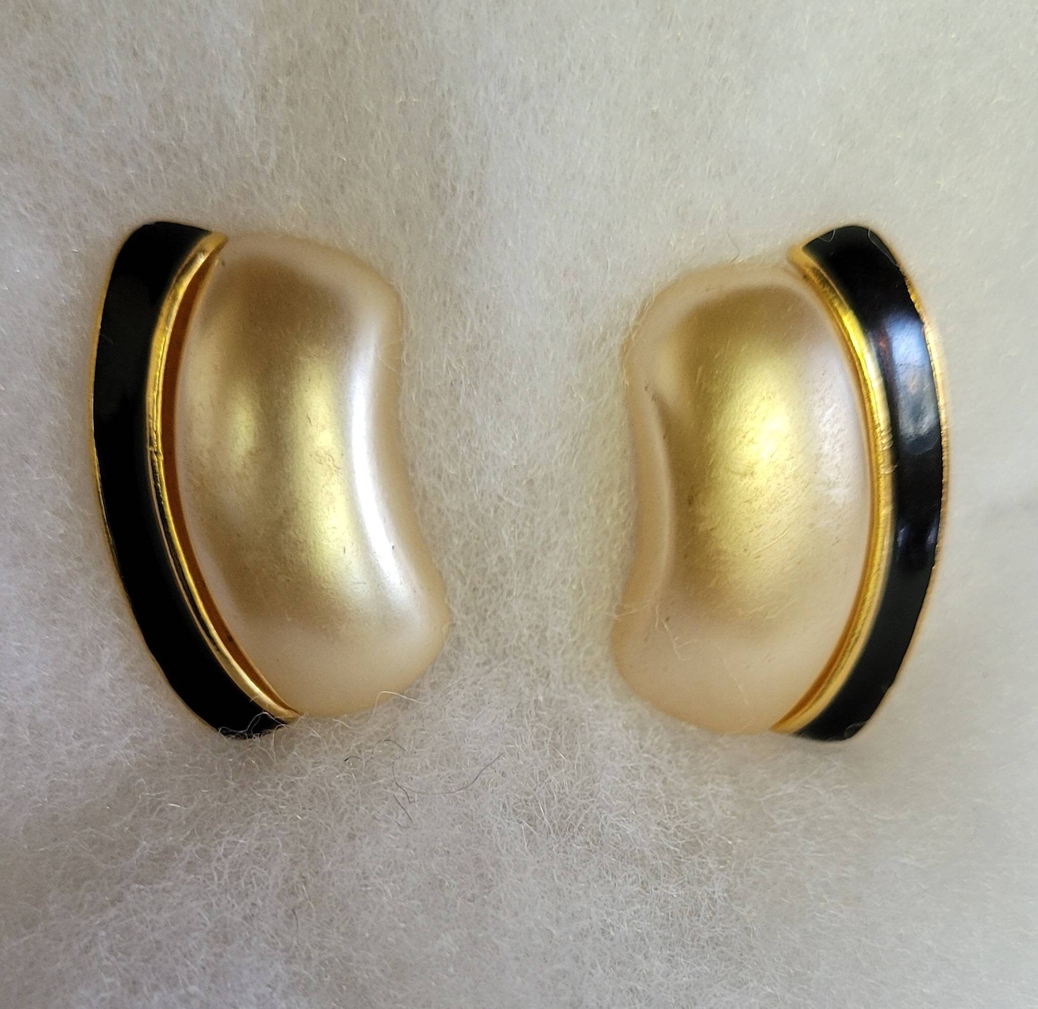 Vintage Signed Napier Earrings Stunning Pearl Black Enamel In Gold