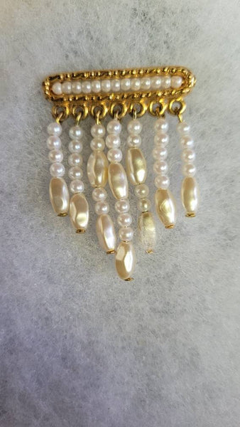 Napier Signed Pearl Pin Tiny Pearl's on Gold Bar With Dangling Fresh Water Lovelies Vintage Fabulous