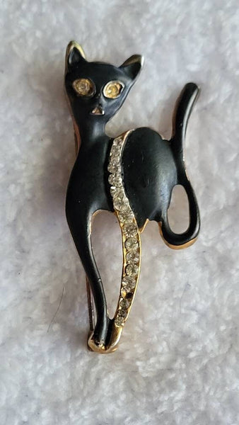 Sassy Sixties Black Cat Pin... Gold Trim Sparkling Rhinestones