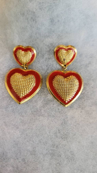 Vintage Valentines Earrings Golden Mesh with Inlaid Red Enamel  Double  Heart Swag Swag