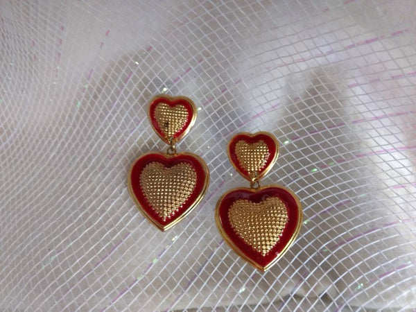 Vintage Valentines Earrings Golden Mesh with Inlaid Red Enamel  Double  Heart Swag Swag