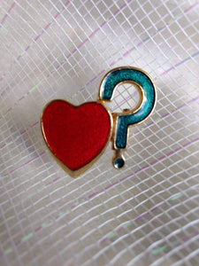 Vintage Valentines Question Mark Heart . .?  Yes or No Beautiful  Red and Teal Enamel Pin