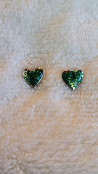 Vintage Valentines Hearts Green Glitter on Silver Tiny Heart Post