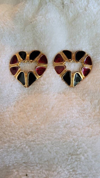 Vintage Valentines Heart Earrings Red with Green Enamel Gold Trim