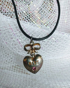 Vintage Valentines Worn Heart with Pink Stone 14 inch Necklace on Leatherette