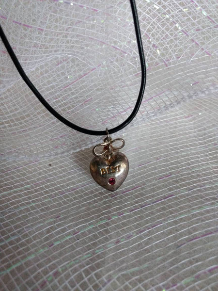 Vintage Valentines Worn Heart with Pink Stone 14 inch Necklace on Leatherette