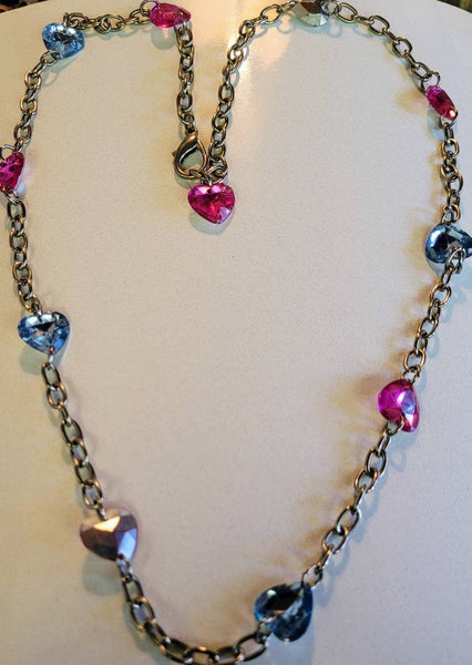 Vintage Valentines  32inch  Big Link Chain of Hearts Necklace Pretty Petite Pink and  Blue Rhinestone Hearts Sweet Treasure Fifties Fab..!