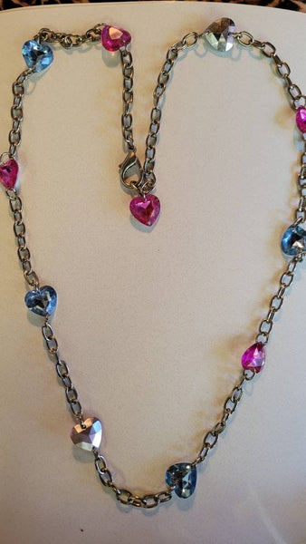 Vintage Valentines  32inch  Big Link Chain of Hearts Necklace Pretty Petite Pink and  Blue Rhinestone Hearts Sweet Treasure Fifties Fab..!