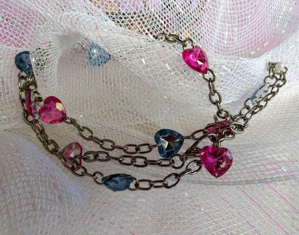 Vintage Valentines  32inch  Big Link Chain of Hearts Necklace Pretty Petite Pink and  Blue Rhinestone Hearts Sweet Treasure Fifties Fab..!