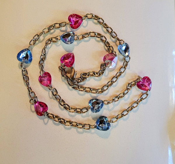 Vintage Valentines  32inch  Big Link Chain of Hearts Necklace Pretty Petite Pink and  Blue Rhinestone Hearts Sweet Treasure Fifties Fab..!