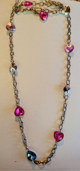 Vintage Valentines  32inch  Big Link Chain of Hearts Necklace Pretty Petite Pink and  Blue Rhinestone Hearts Sweet Treasure Fifties Fab..!