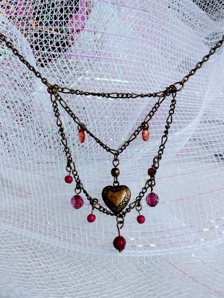 Vintage Valentines Locket Necklace  Delicate Scallop Chains Amethyst  Stones Etched Carved Heart Photo Keepsake Locket