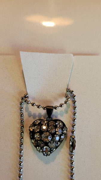Vintage Valentines Black Sparkling Rhinestone  Heart on 24 Inch Ball Chain