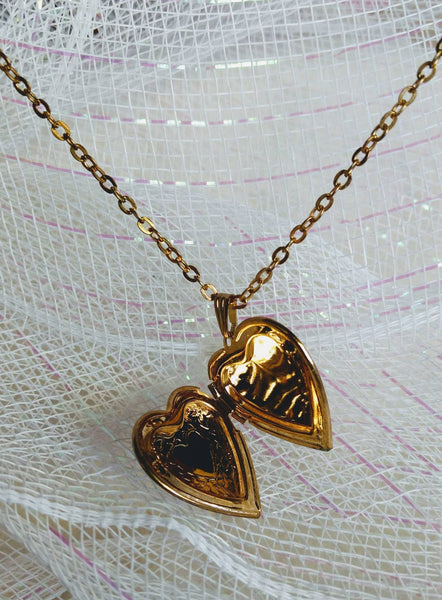 Vintage Valentines Golden Etched Heart Locket Stunning Keepsake Treasure on Beautiful Golden  Link Chain