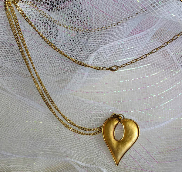 Vintage Valentines Big Heart Gold Pendant Necklace Unique Heart with Long Vintage Serpentine Chain