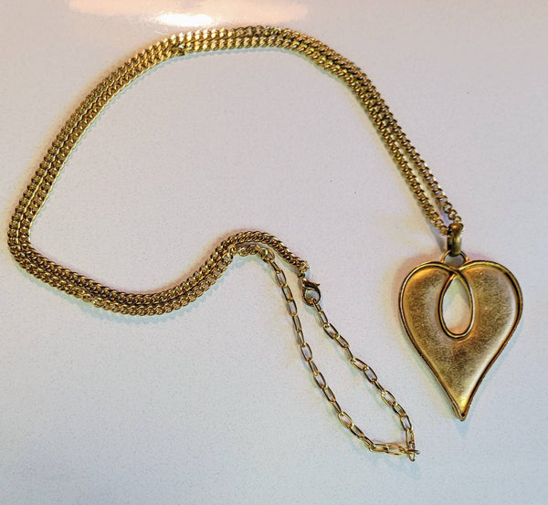 Vintage Valentines Big Heart Gold Pendant Necklace Unique Heart with Long Vintage Serpentine Chain