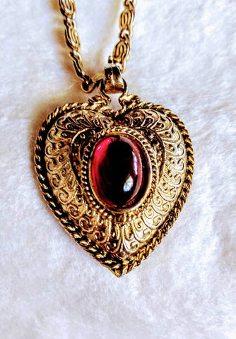 SOLD...Vintage Valentines Exquisite Gold Scrooled Heart Pendant  Center with Ruby Red Oval Rhinestone. The Chain is ornate interlocking Gold