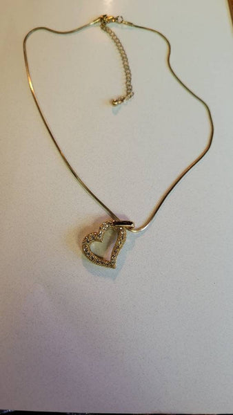 Vintage Valentines Heart Gold with Rhinestones Studded Heart Necklace