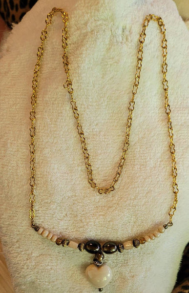 Vintage Glazed Ceramic Heart & Stones  Cream Bronze  Round Brown. Lovlies Beautiful Gold Chain