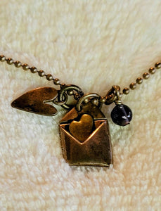 Vintage Valentines Unique Necklace Copper Hearts and  Envelope Charmed Hearts Charm Hearts