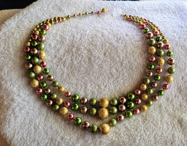 Mid Century 3 Strand Necklace in Delightful Deco Colors Stamped Japan