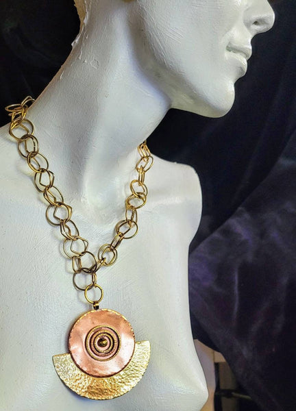 Egyptian Revival Necklace Vintage Hammered Brass and Copper  Medallion