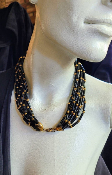 Egyptian Revival Black Glass & Brass 10 Strand Vintage Necklace...