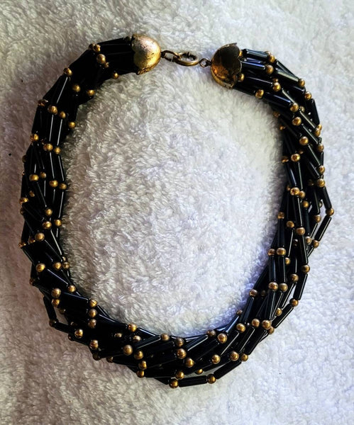 Egyptian Revival Black Glass & Brass 10 Strand Vintage Necklace...