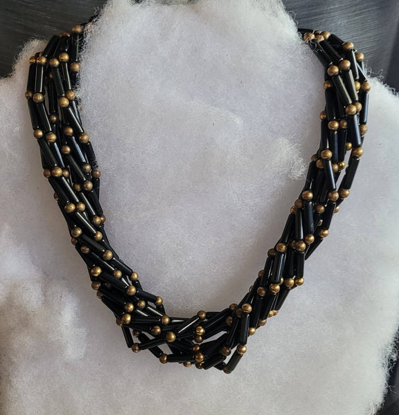 Egyptian Revival Black Glass & Brass 10 Strand Vintage Necklace...