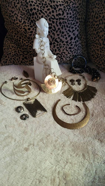 Egyptian Revival Black Glass & Brass 10 Strand Vintage Necklace...