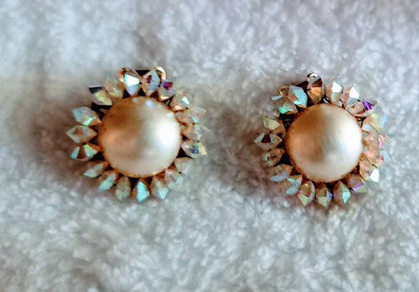 Marvelous Marvella Cut Crystal & Pearl 1950s Clip Earrings...