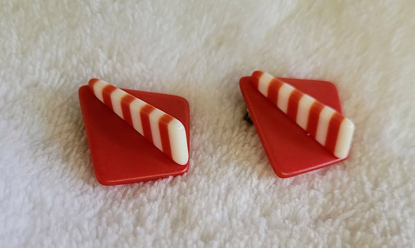 Rock Reds & Whites 1960s Vintage Earrings Out of Sight..! Groovy Lines...