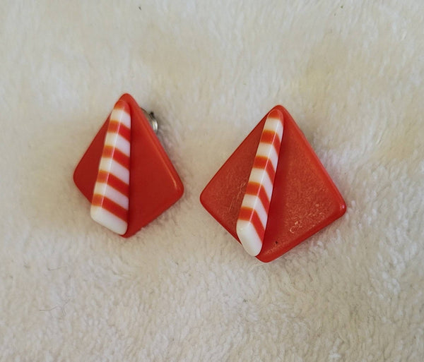 Rock Reds & Whites 1960s Vintage Earrings Out of Sight..! Groovy Lines...