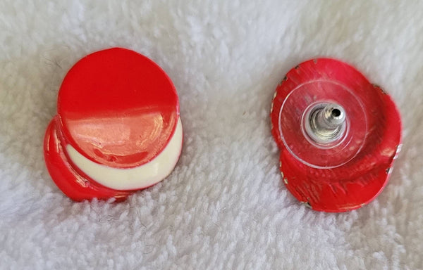 50s Earrings Red & White Delight Stacked Hammered Disc Trio Enameld in Fire Red with White..!