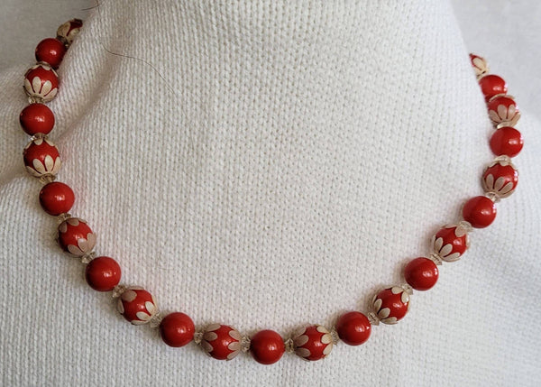 Golden Era Elegant Plastics Rare White Floral Accented  Rich Red Beads Beautiful Vintage..!