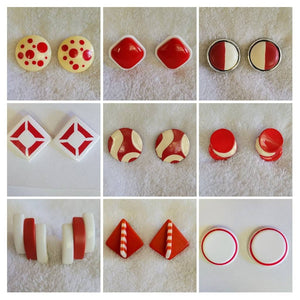 60s Cool Earcandy..!  Mod Pops of Red Bubbles on Soft Creme Acrylic Disc...   Delicious Vintage Treats. !