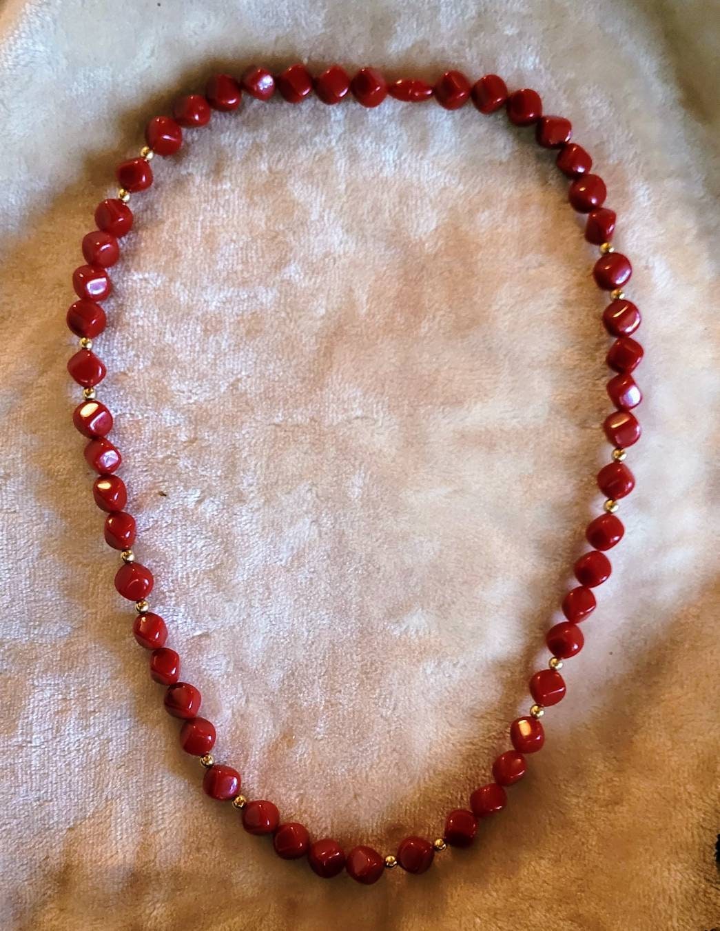 60s Classic Necklace Candy Apple Red Square Angled Beads with Gold Accents. A Classic Beauty..!