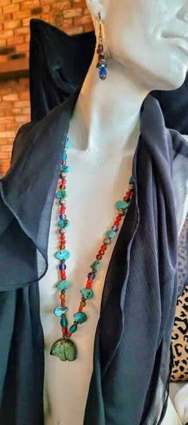Beautiful Turquoise Silver Glass Necklace & Earrings Set Design By Deborah Billion Beads