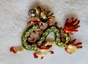 Deco Dragon Exquisite Bold Red Green Enamel Rhinestones Pearls