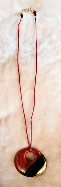 Hot Glaze..! 1980s Necklace Beautiful Red Black Gold Glazed Ceramic Beauty. It's shown on a Satin Cord