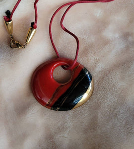 Hot Glaze..! 1980s Necklace Beautiful Red Black Gold Glazed Ceramic Beauty. It's shown on a Satin Cord
