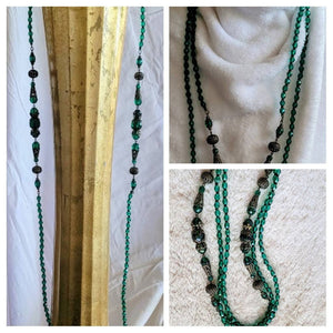Roaring 20s Deco Necklace Timeless  Treasure Emerald Green with Inticate Filigree 54 in.