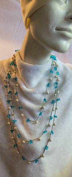 Fun Forties Flapper Style 80 inch Necklace Pearl's Aqua Beads Crochet Silver Chain