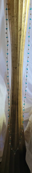 Fun Forties Flapper Style 80 inch Necklace Pearl's Aqua Beads Crochet Silver Chain