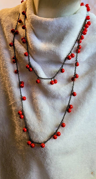 Roaring 20s Rocking Deco Red Glass Chain Necklace 48 in