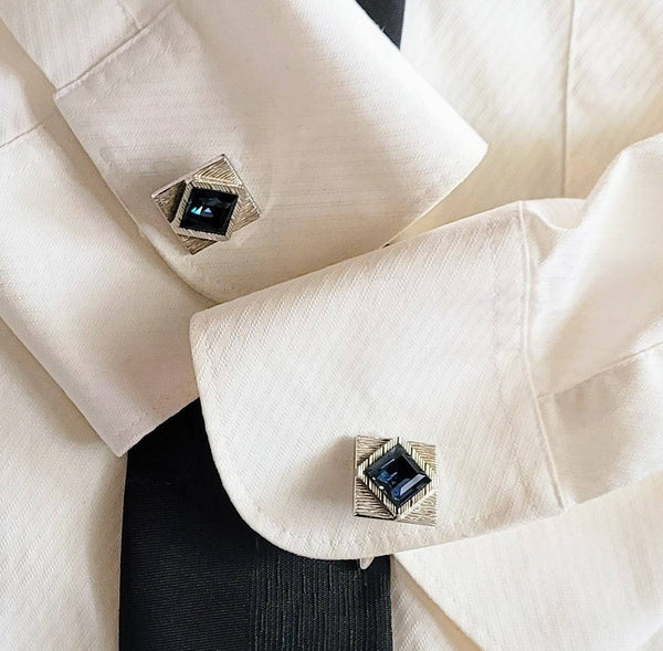 Golden Era Cufflinks Exquisite Blue Sparklers Set In Brushed Vintage Silver Valentines Gifts From Mid-century Men's Collection