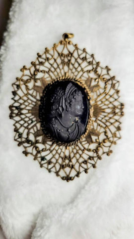 1900s Antique Black Cameo Pendant Delicate Filligree Pendant Turn of the Century with chain length of choice...